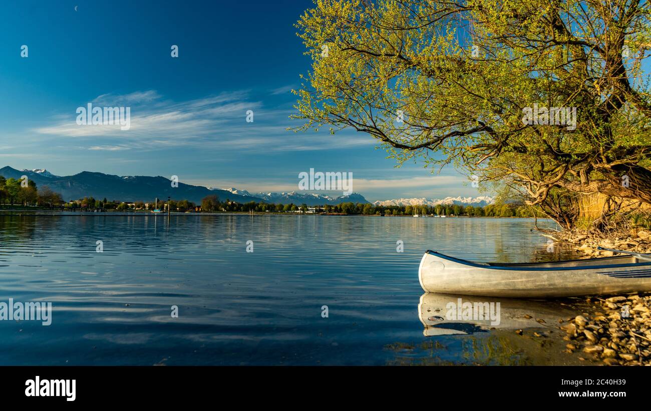 Ein Kanu liegt am Ufer des Harder Beckens. Im Hintergrund Hard und die Vorarlberger Berge. canoe and tree at the boarder of the lake of constance Stock Photo