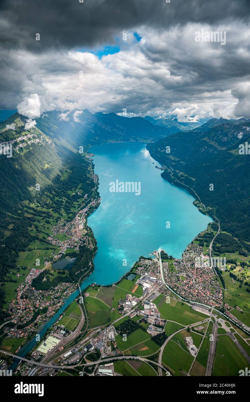 aerial view of Lake Brienz with Bönigen, Ringgenberg in Berner Oberland ...
