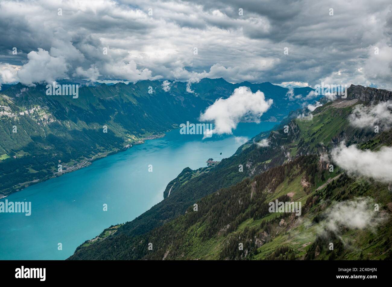 aerial view of Lake Brienz with Iseltwald in the Bernese Alps seen from ...