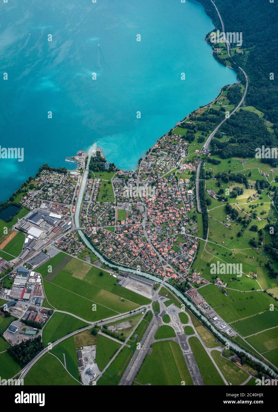 aerial view of Lake Brienz with Bönigen in Berner Oberland seen from a ...