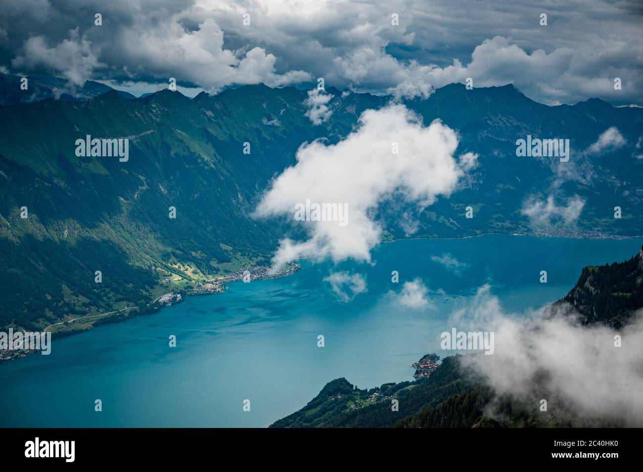 aerial view of Lake Brienz in the Bernese Alps seen from a helicopter ...