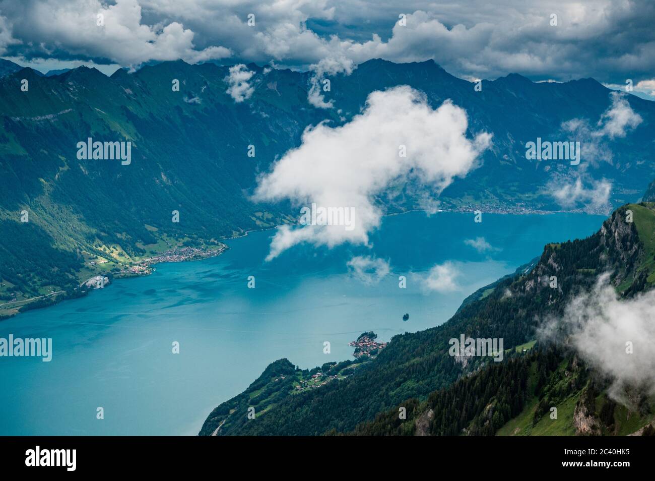 aerial view of Lake Brienz with Iseltwald in the Bernese Alps seen from ...