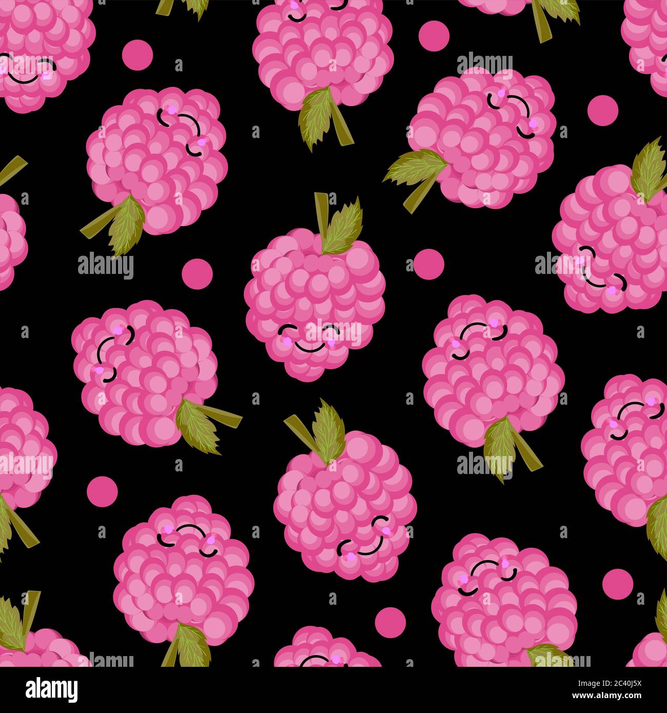 Raspberry character. Cute funny berry. Berry seamless vector pattern. Bright colors.. Stock Vector