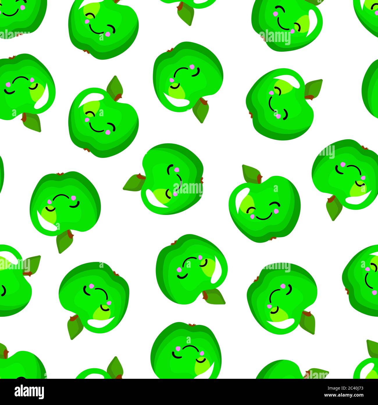 Green apple character. Cute funny apple. Fruit seamless vector pattern. Bright colors.. Stock Vector