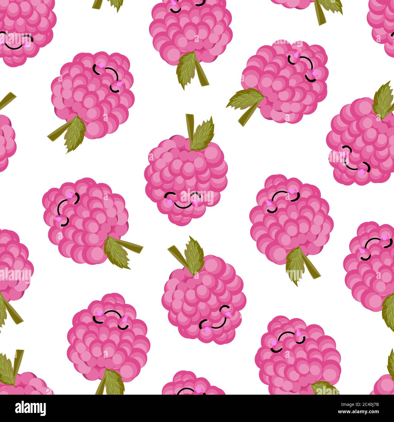 Raspberry character. Cute funny berry. Berry seamless vector pattern. Bright colors.. Stock Vector