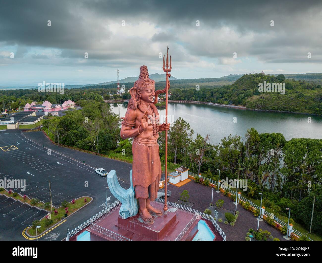 Huge Shiva statue in grand Bassin temple, Mauritius. Ganga talao. Stock Photo