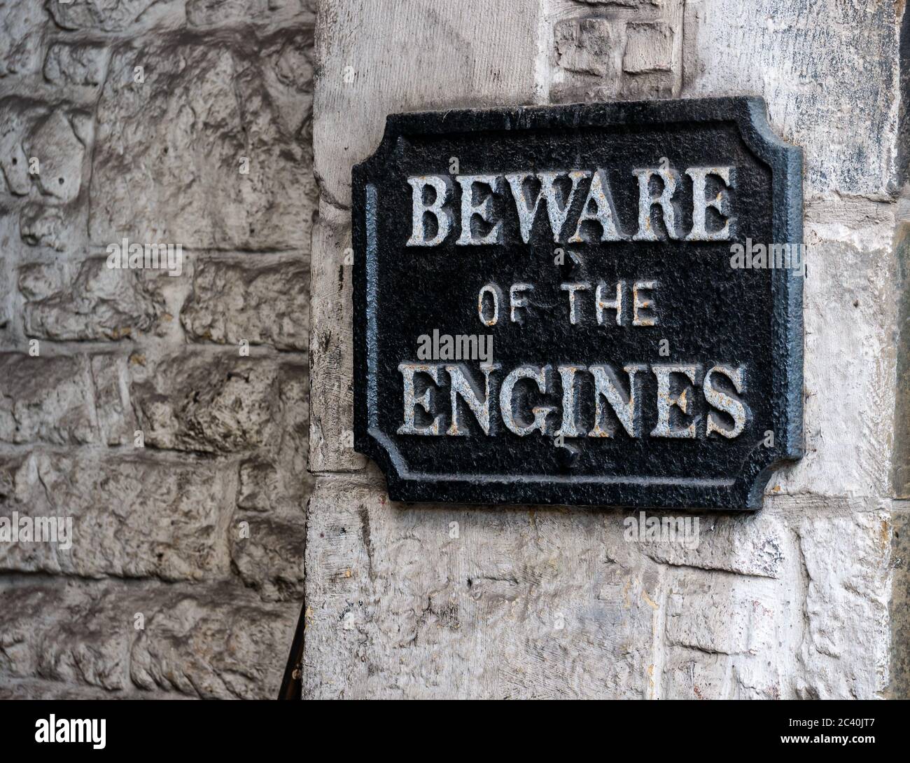 Old fashioned vintage warning sign Beware of the Engines, England, United Kingdom Stock Photo