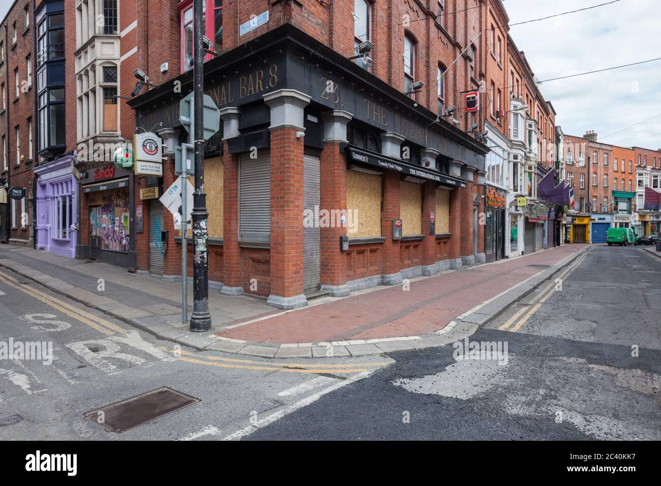 Dublin city center during Covid19 times in 2020. Closed shops, pubs, empty streets. Stock Photo
