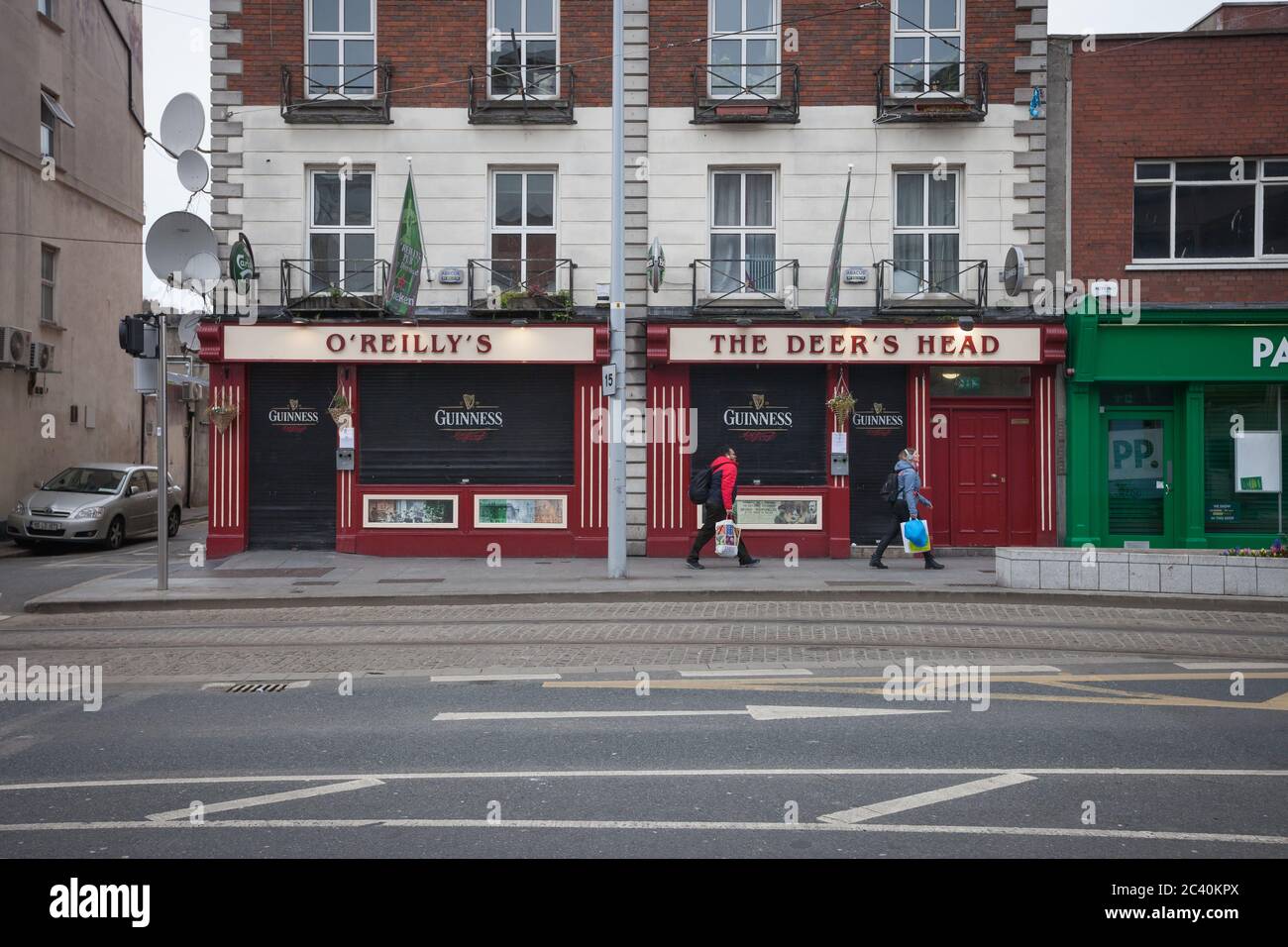 Dublin city center during Covid19 times in 2020. Closed shops, pubs