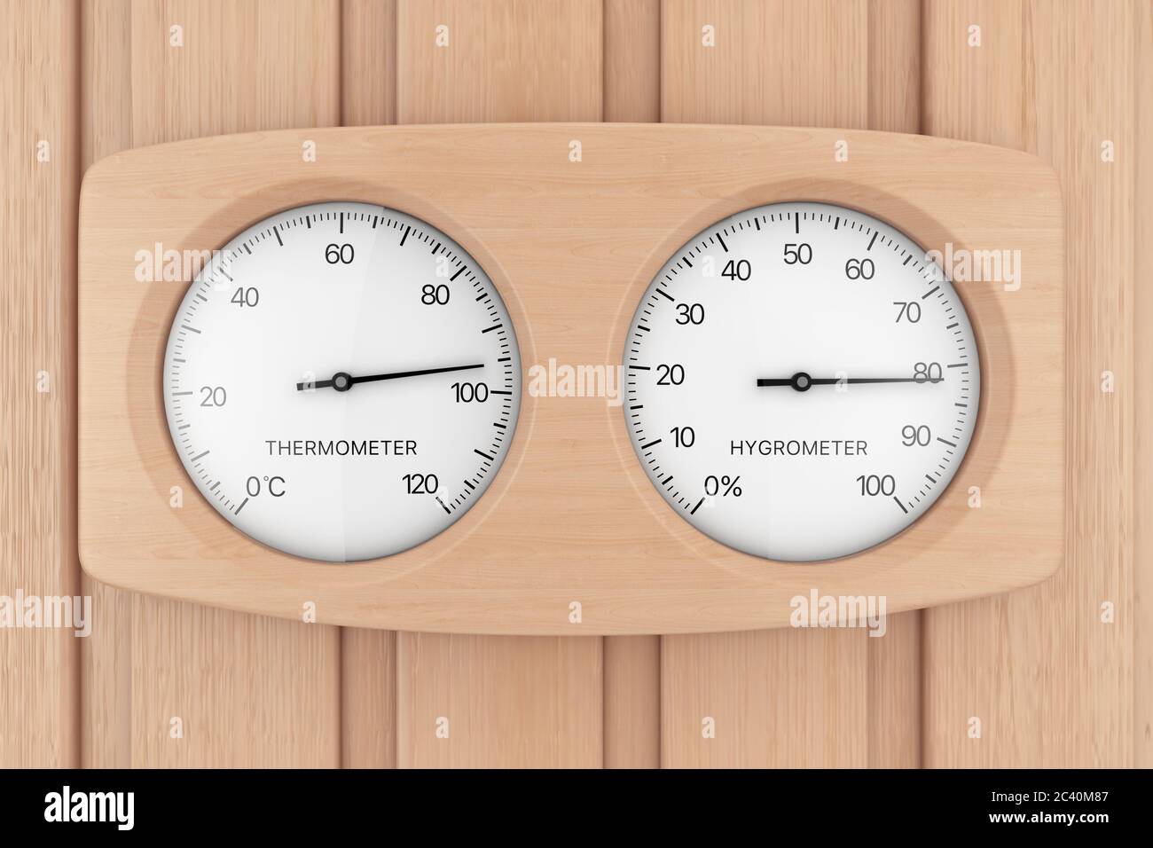 Wooden Thermometer and Hygrometer Device For Sauna on a wooden plank sauna wall . 3d Rendering Stock Photo