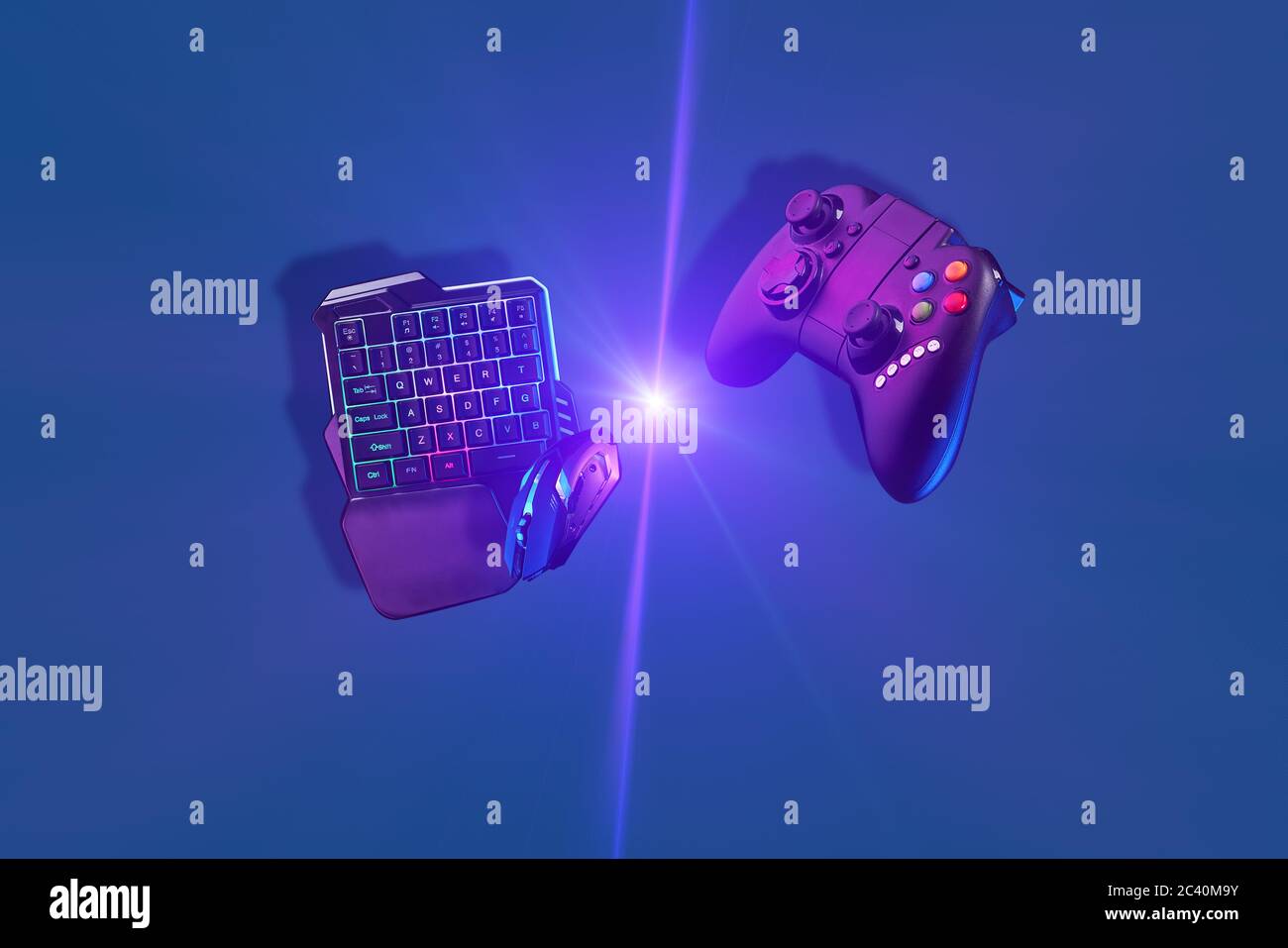 Games keyboard and mouse vs gamepad. Concept of confrontation of gamers