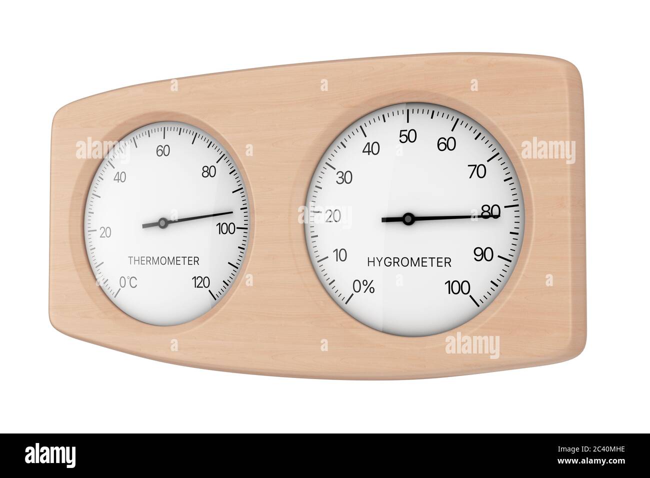 Wooden Thermometer and Hygrometer Device For Sauna on a white background. 3d Rendering Stock Photo