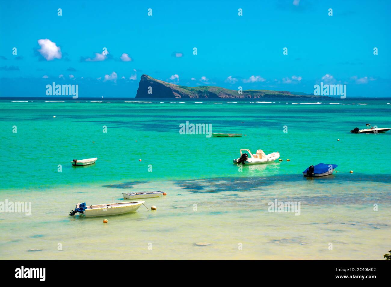 BAIN BOEUF Mauriutius. Beautiful beach in northern Mauritius. Coin de Mire, white sand beach among Palm trees. Stock Photo