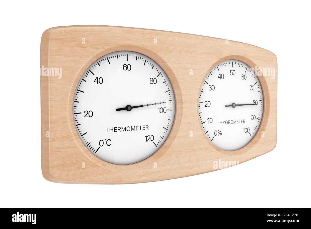 Wooden Thermometer and Hygrometer Device For Sauna on a white background. 3d Rendering Stock Photo