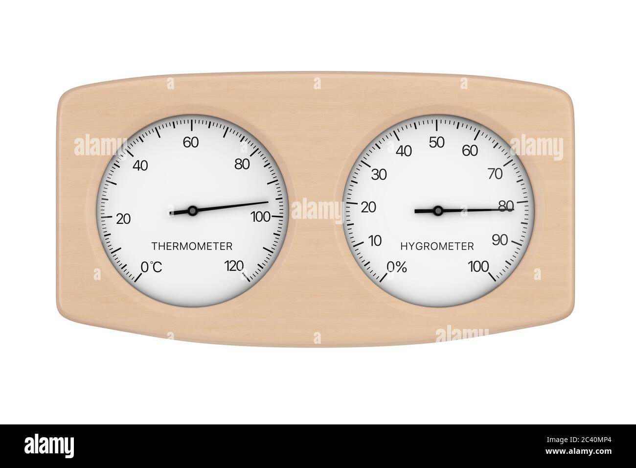 Wooden Thermometer and Hygrometer Device For Sauna on a white background. 3d Rendering Stock Photo