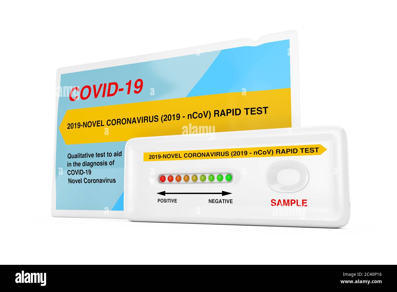 Rapid Test Device for Viral Disease Novel Coronavirus COVID-19 2019 n-CoV with Package on a white background. 3d Rendering Stock Photo