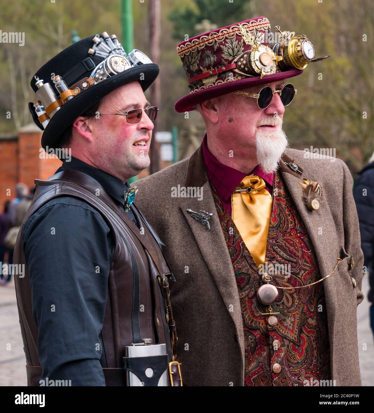 Men in steampunk costume with top hats, Beamish Museum, Durham County, England, UK Stock Photo