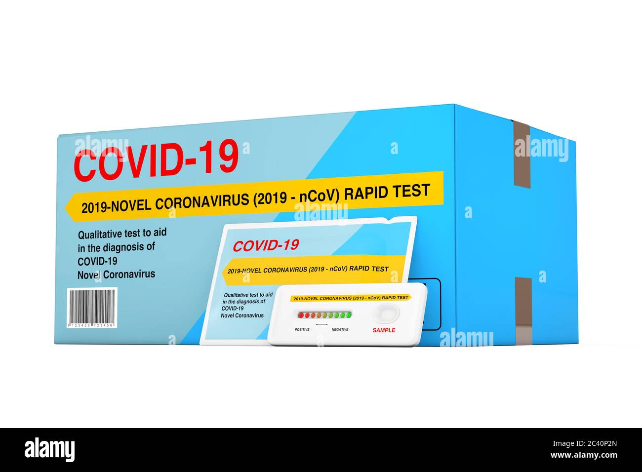 Rapid Test Device for Viral Disease Novel Coronavirus COVID-19 2019 n-CoV with Paper Pack and Box Package on a white background. 3d Rendering Stock Photo