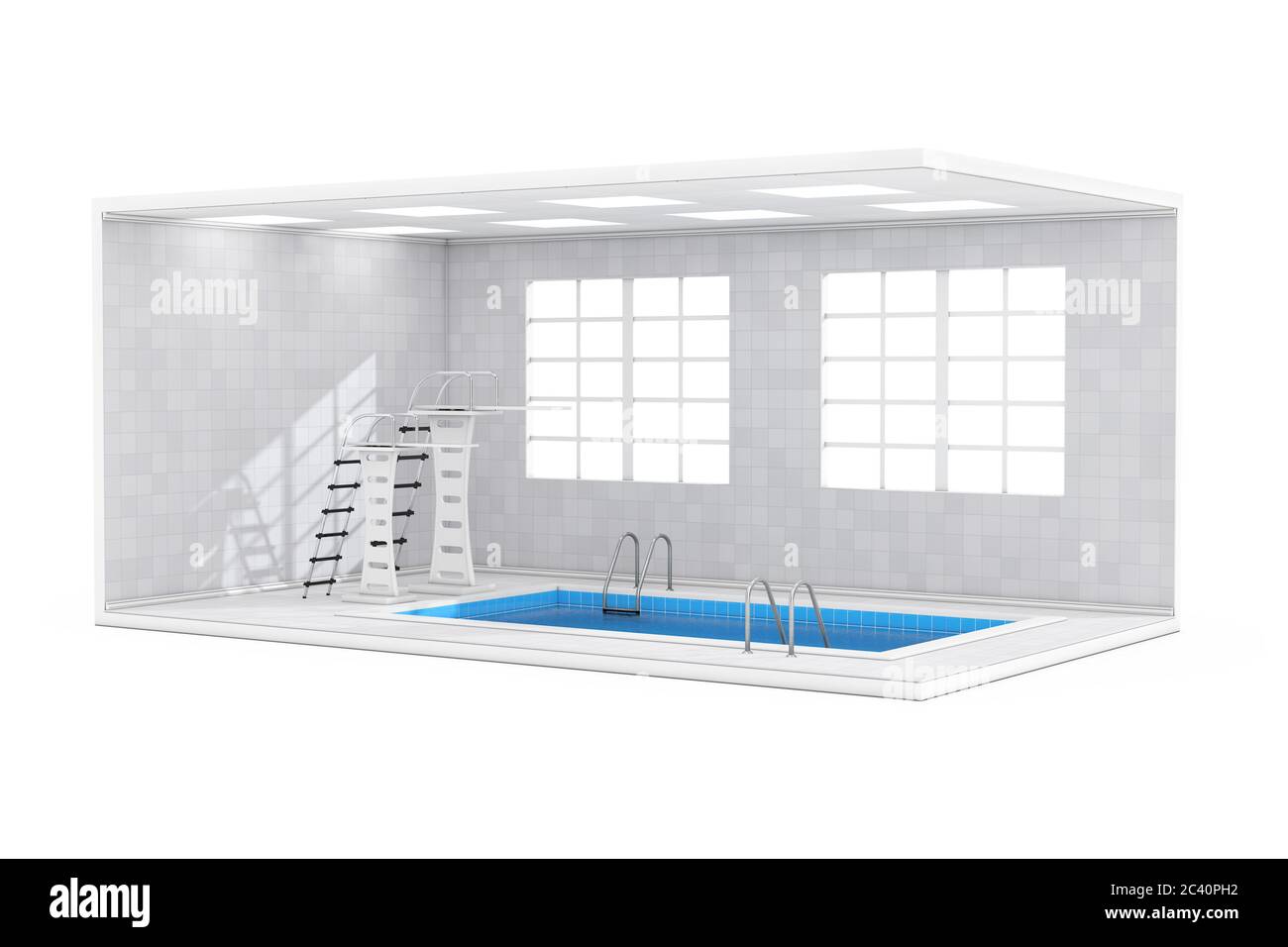 Water Pool Interior with Large Windows, Jump Boards and Swimming Pool