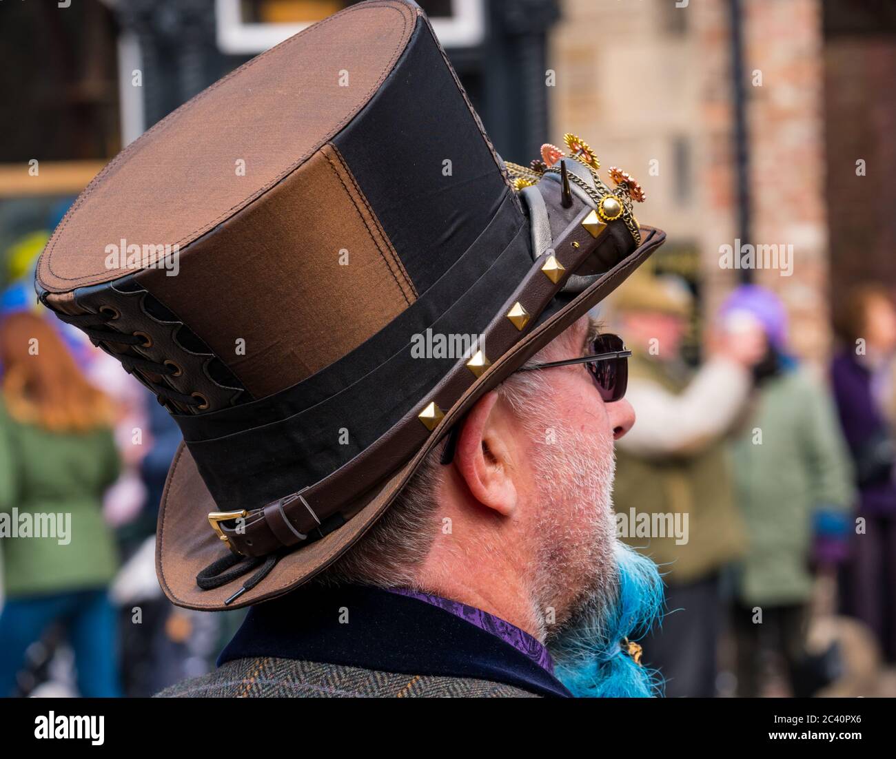 Man in steampunk costume with quirky top hat, Beamish Museum, Durham County, England, UK Stock Photo