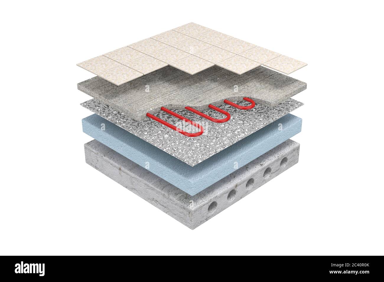 Layers of Floor Heating System Partly Under Ceramic Tiles on a white