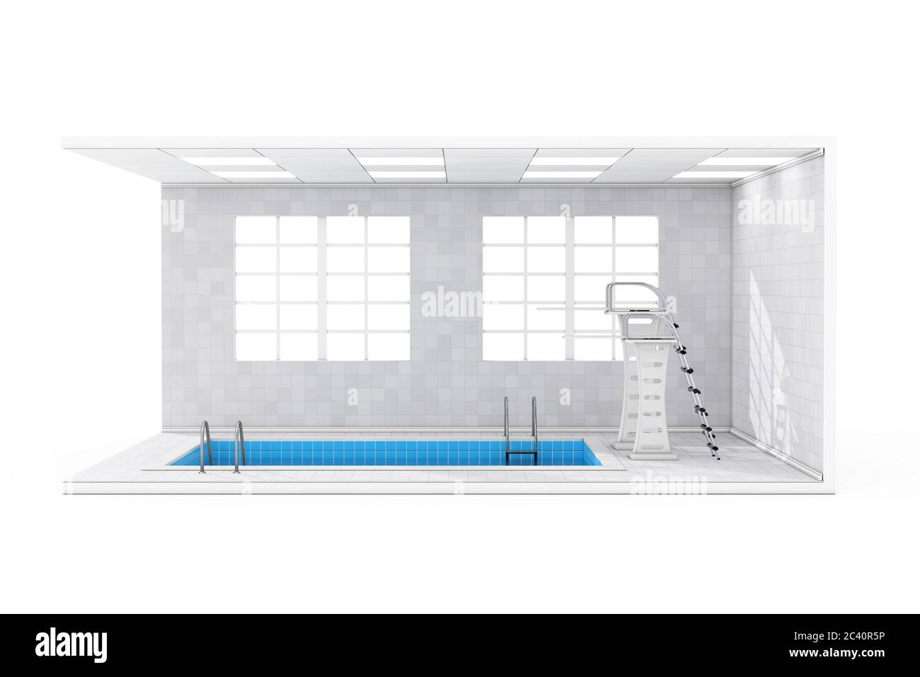 Water Pool Interior with Large Windows, Jump Boards and Swimming Pool
