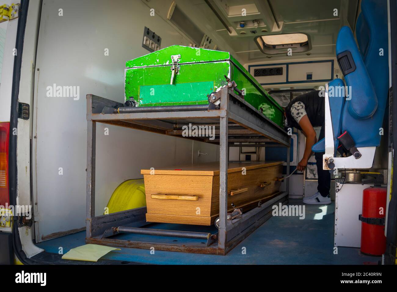 Coffins in the funeral coach Stock Photo Alamy