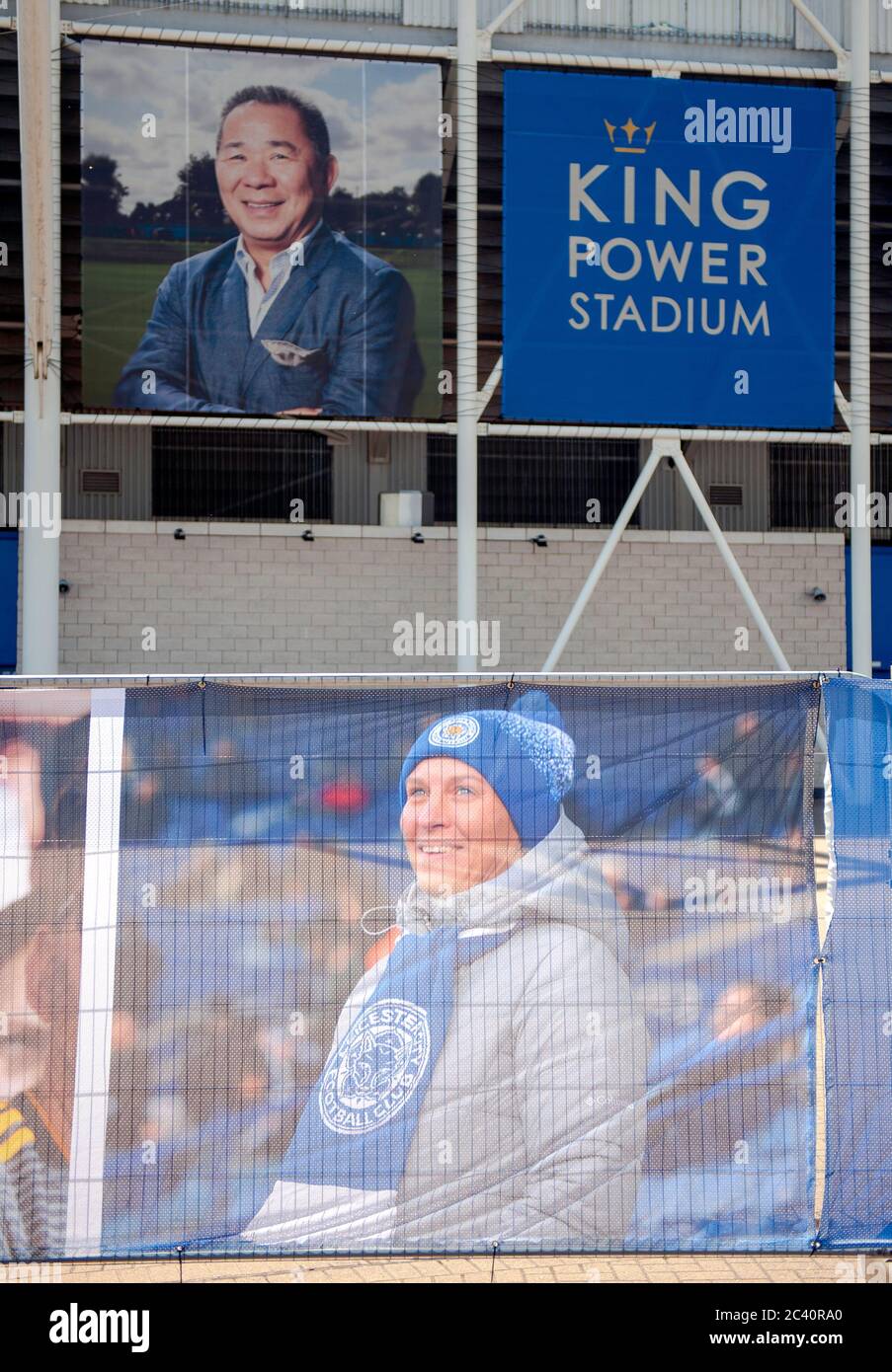 Leicester City v Brighton & Hove Albion. LCFC King Power Stadium ahead of first Premier League home game since coronavirus Covid-19 pandemic lockdown. Fans warned to stay away as a 'fan fence' is errected around the perimeter of the ground prior to match behind closed doors. Stock Photo