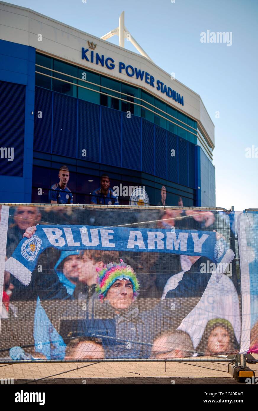 Leicester City v Brighton & Hove Albion. LCFC King Power Stadium ahead of first Premier League home game since coronavirus Covid-19 pandemic lockdown. Fans warned to stay away as a 'fan fence' is errected around the perimeter of the ground prior to match behind closed doors. Stock Photo