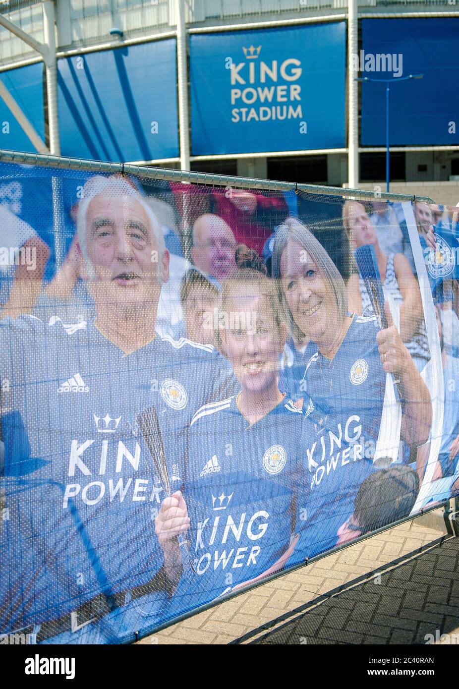 Leicester City v Brighton & Hove Albion. LCFC King Power Stadium ahead of first Premier League home game since coronavirus Covid-19 pandemic lockdown. Fans warned to stay away as a 'fan fence' is errected around the perimeter of the ground prior to match behind closed doors. Stock Photo