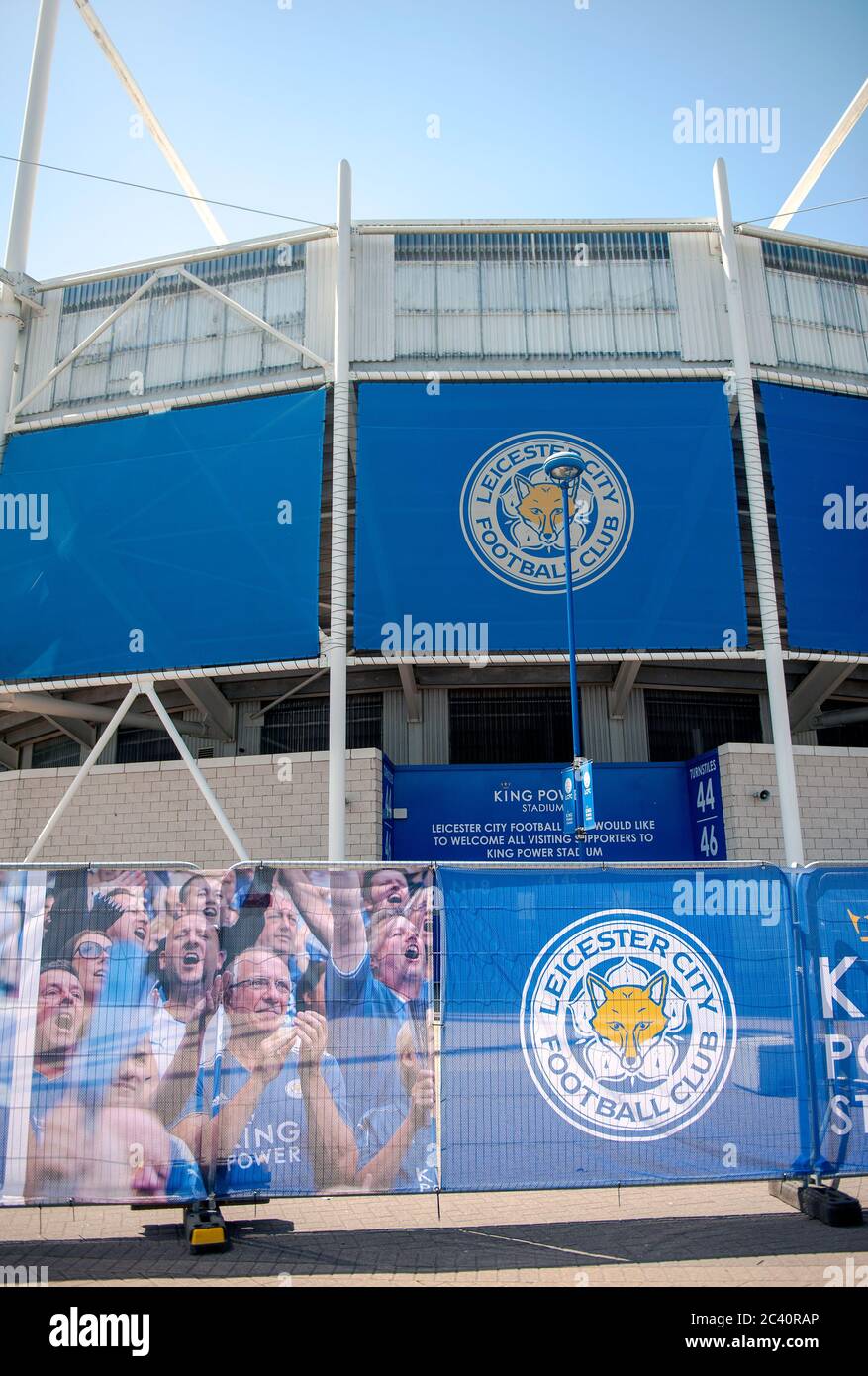 Leicester City v Brighton & Hove Albion. LCFC King Power Stadium ahead of first Premier League home game since coronavirus Covid-19 pandemic lockdown. Fans warned to stay away as a 'fan fence' is errected around the perimeter of the ground prior to match behind closed doors. Stock Photo