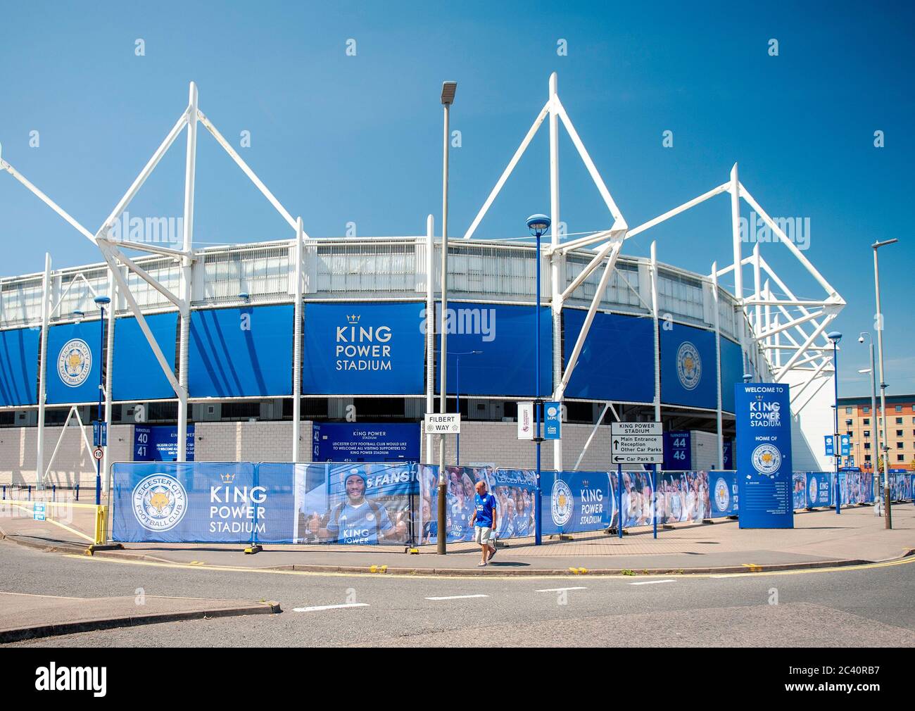 Leicester City v Brighton & Hove Albion. LCFC King Power Stadium ahead of first Premier League home game since coronavirus Covid-19 pandemic lockdown. Fans warned to stay away as a 'fan fence' is errected around the perimeter of the ground prior to match behind closed doors. Stock Photo
