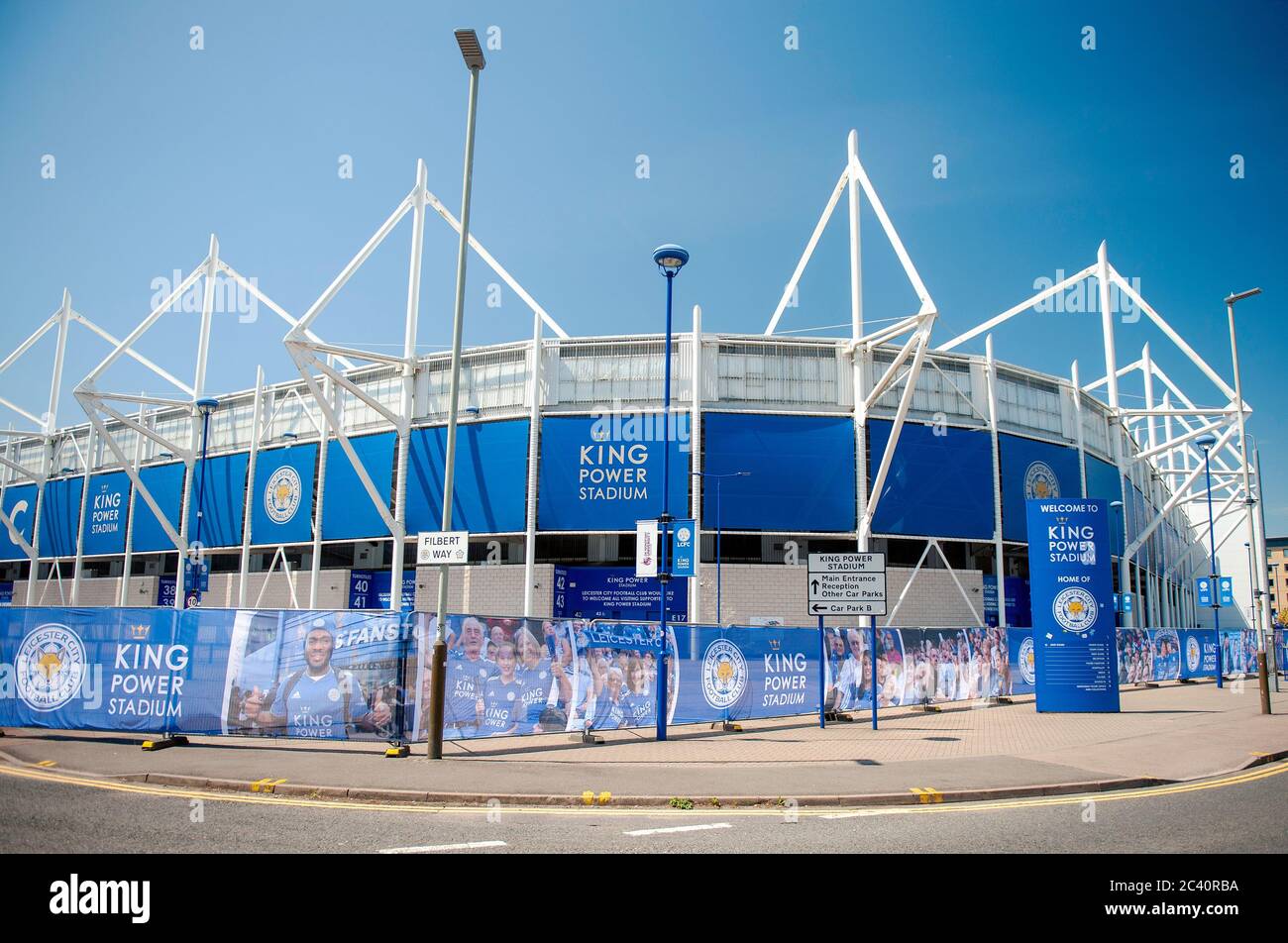 Leicester City v Brighton & Hove Albion. LCFC King Power Stadium ahead of first Premier League home game since coronavirus Covid-19 pandemic lockdown. Fans warned to stay away as a 'fan fence' is errected around the perimeter of the ground prior to match behind closed doors. Stock Photo