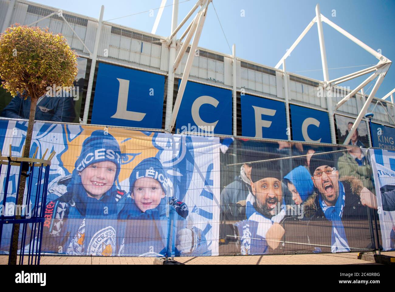 Leicester City v Brighton & Hove Albion. LCFC King Power Stadium ahead of first Premier League home game since coronavirus Covid-19 pandemic lockdown. Fans warned to stay away as a 'fan fence' is errected around the perimeter of the ground prior to match behind closed doors. Stock Photo