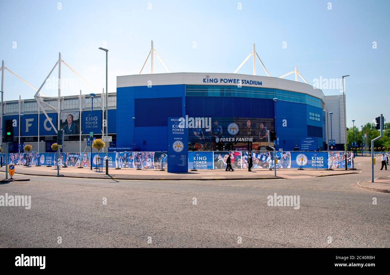Leicester City v Brighton & Hove Albion. LCFC King Power Stadium ahead of first Premier League home game since coronavirus Covid-19 pandemic lockdown. Fans warned to stay away as a 'fan fence' is errected around the perimeter of the ground prior to match behind closed doors. Stock Photo