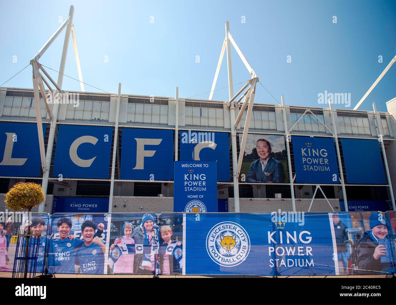 Leicester City v Brighton & Hove Albion. LCFC King Power Stadium ahead of first Premier League home game since coronavirus Covid-19 pandemic lockdown. Fans warned to stay away as a 'fan fence' is errected around the perimeter of the ground prior to match behind closed doors. Stock Photo