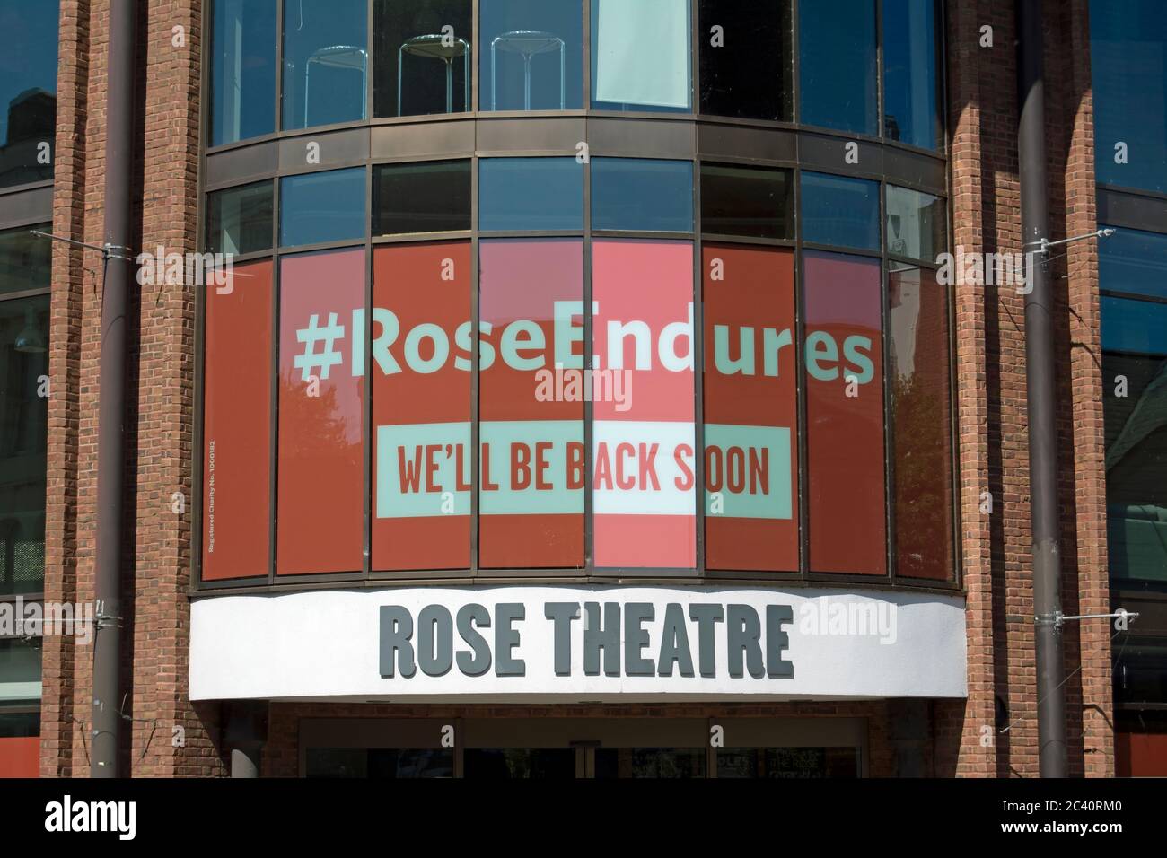 exterior of the rose theatre in kingston upon thames, surrey, england, with rose endures, we'll be back soon, message following the covid19 lockdown Stock Photo