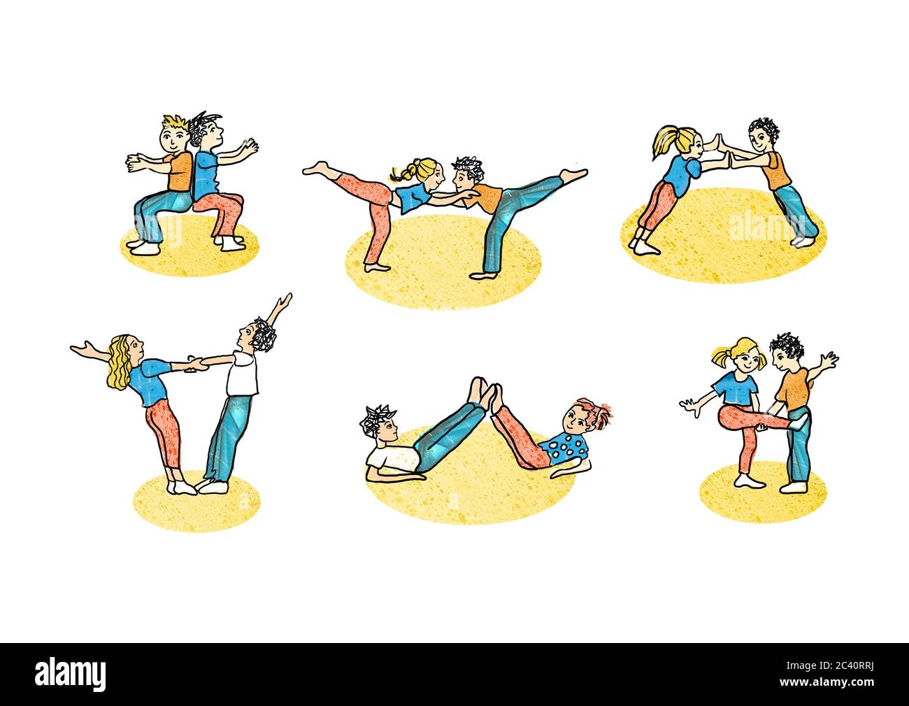 Exercises for children's physical education. Boy and girl sports illustration. Stock Photo