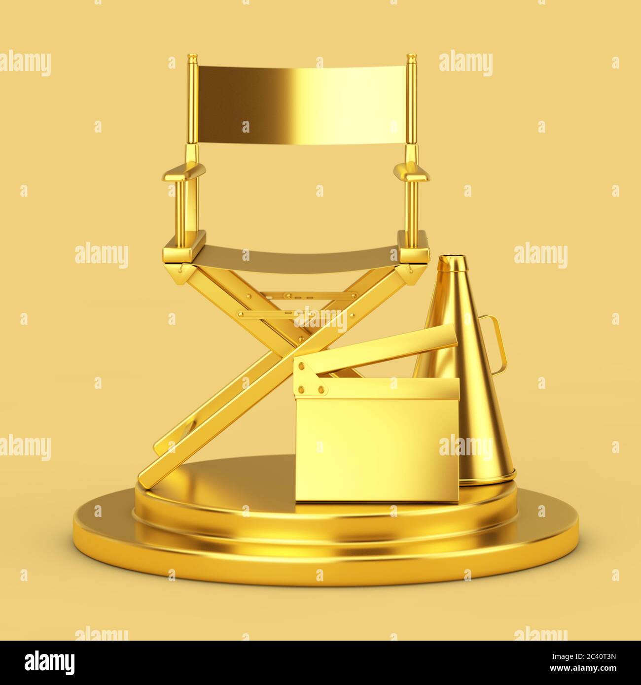 Golden Director Chair, Movie Clapper and Megaphone on a Golden Pedestal on a yellow background. 3d Rendering Stock Photo
