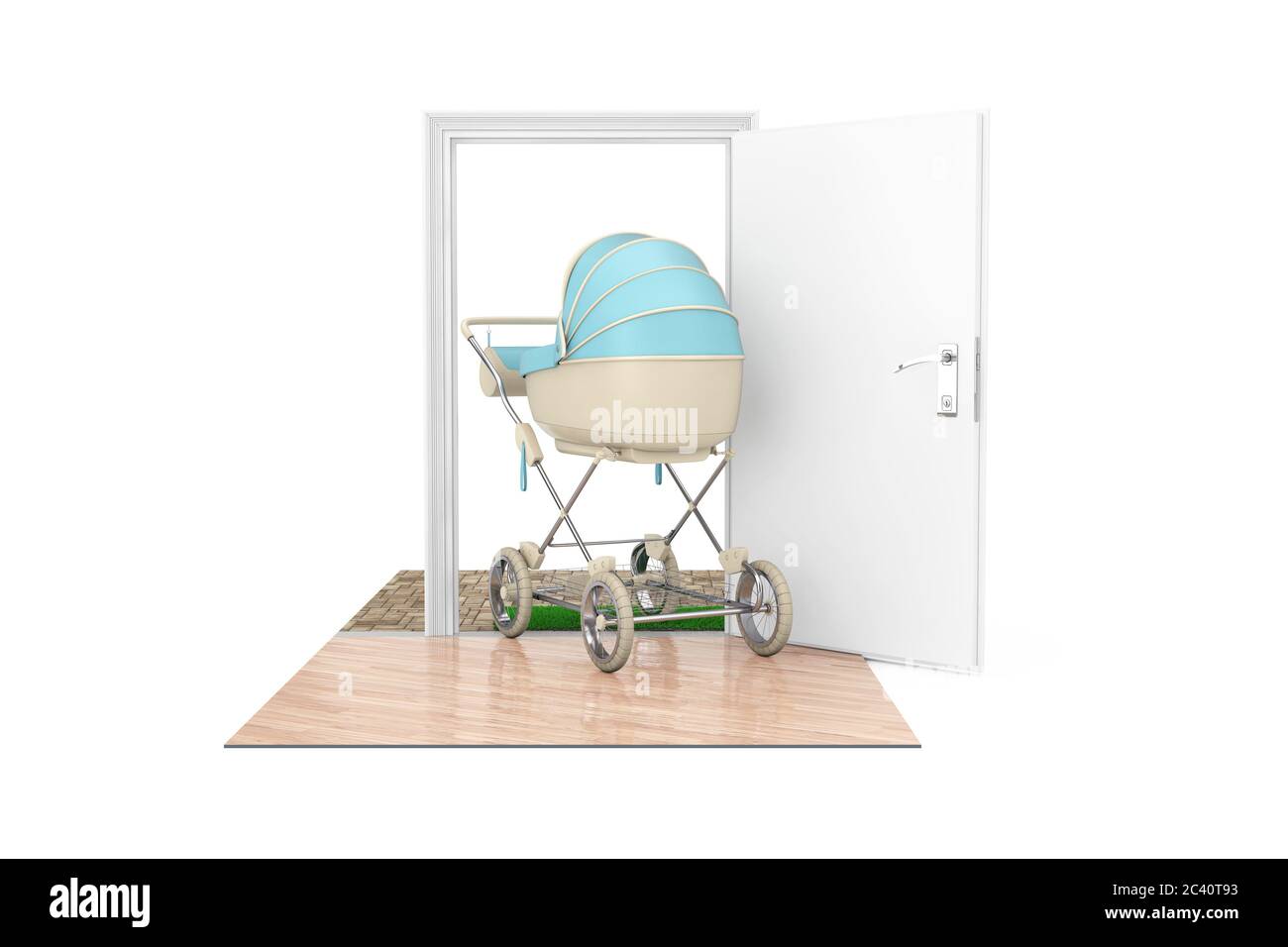 New Baby Born Concept. Modern Blue Baby Carriage, Stroller, Pram Comes Through the Doors to the