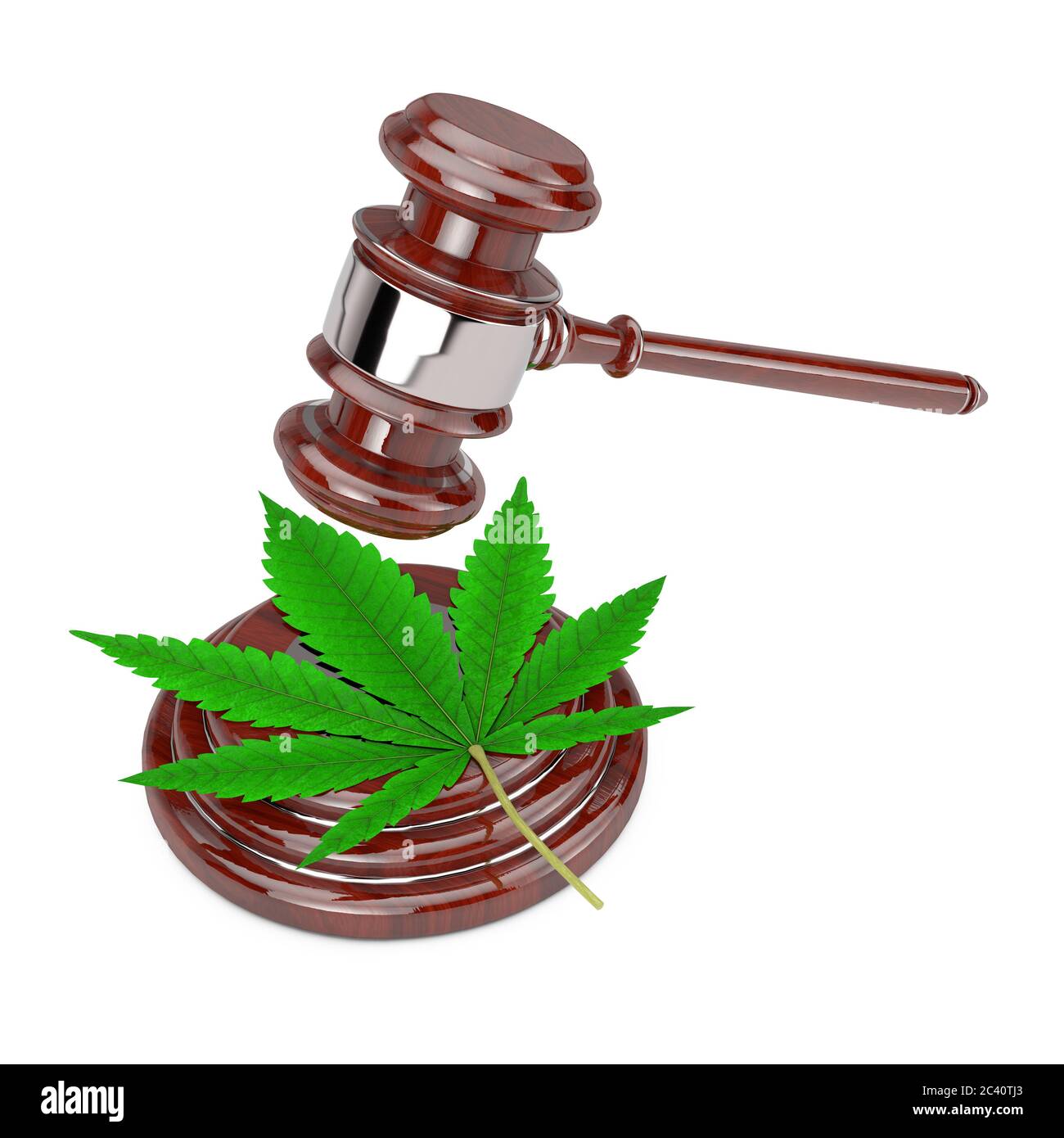 Green Cannabis Leaf with Red Wooden Judge Gavel on a white background