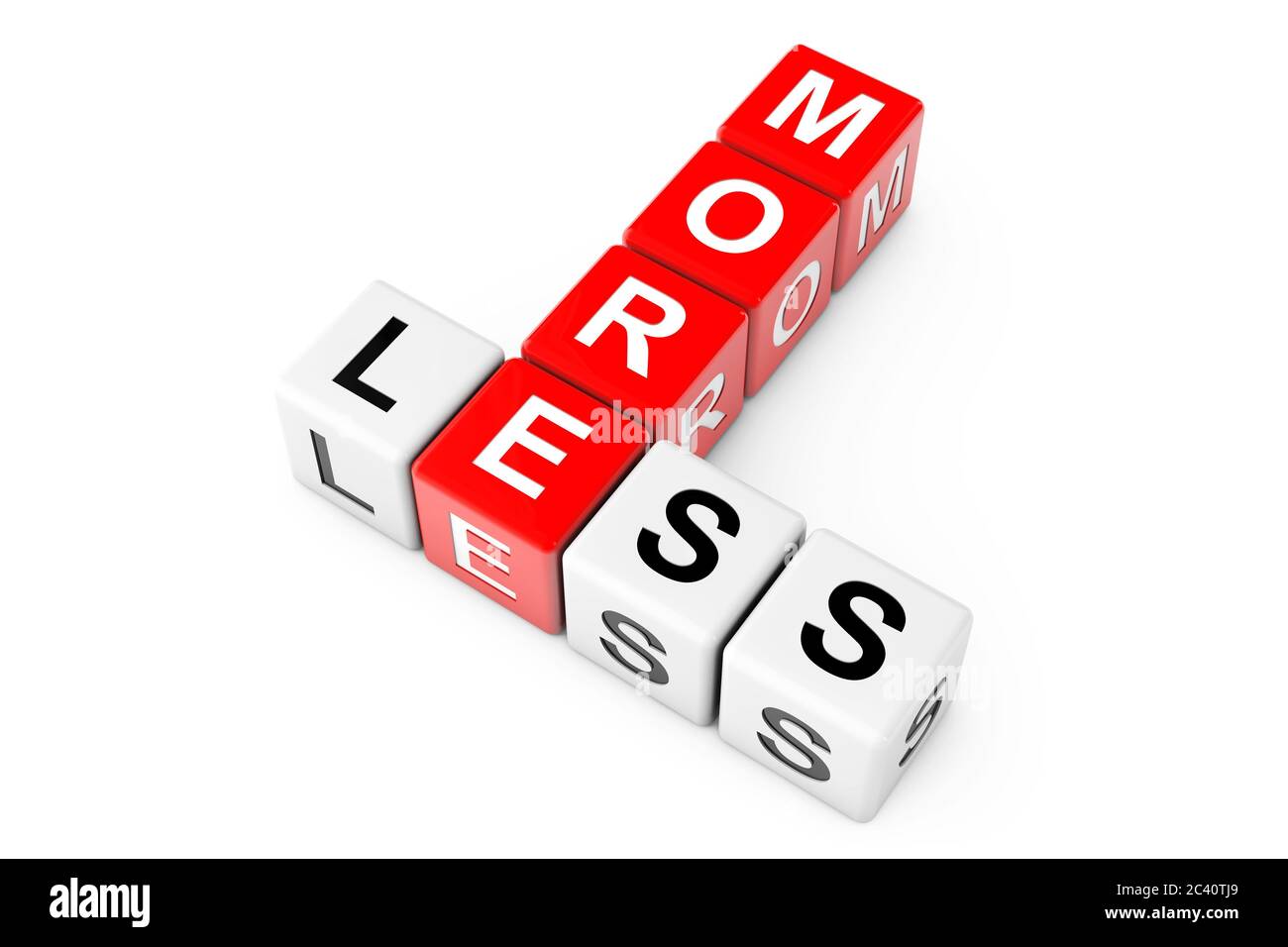 Less and More Sign as Crossword Cube Blocks on a white background. 3d