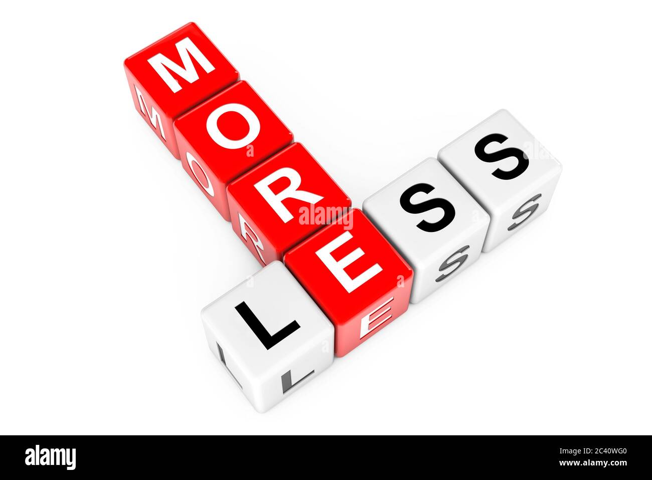 Less and More Sign as Crossword Cube Blocks on a white background. 3d