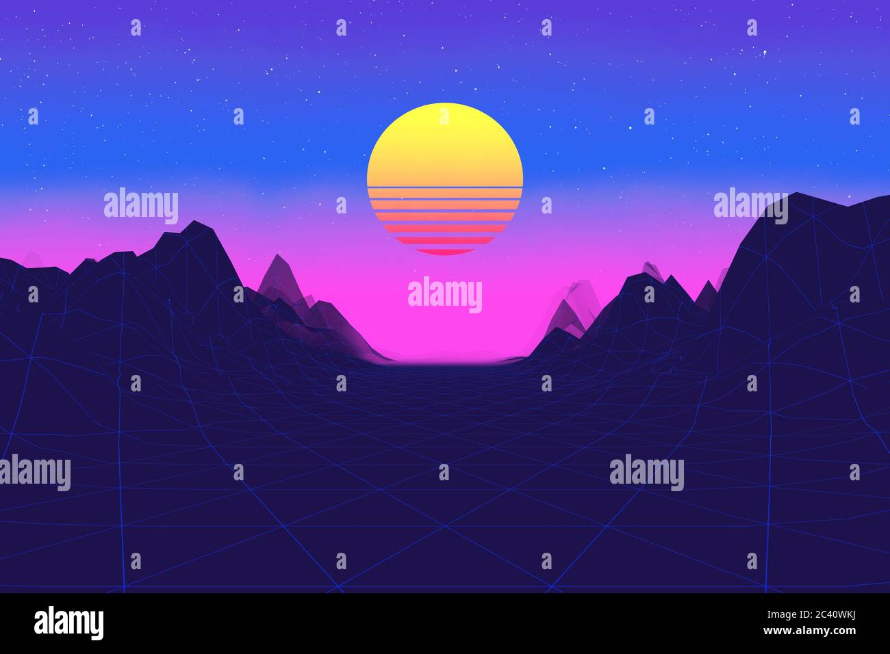 80s Synthwave Styled Landscape with Road, Mountains and Stripped Sun extreme closeup. 3d Rendering Stock Photo