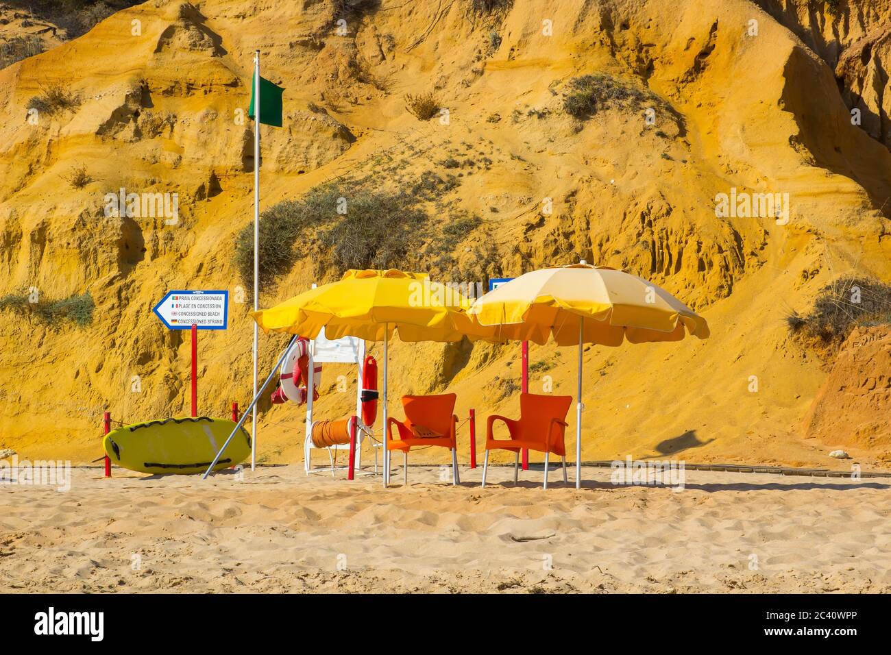 3 October 2018 An unmanned lifeguard station and its equipment on the Falesia Beach ion The Algarve Portugal on a hot busy afternoon Stock Photo