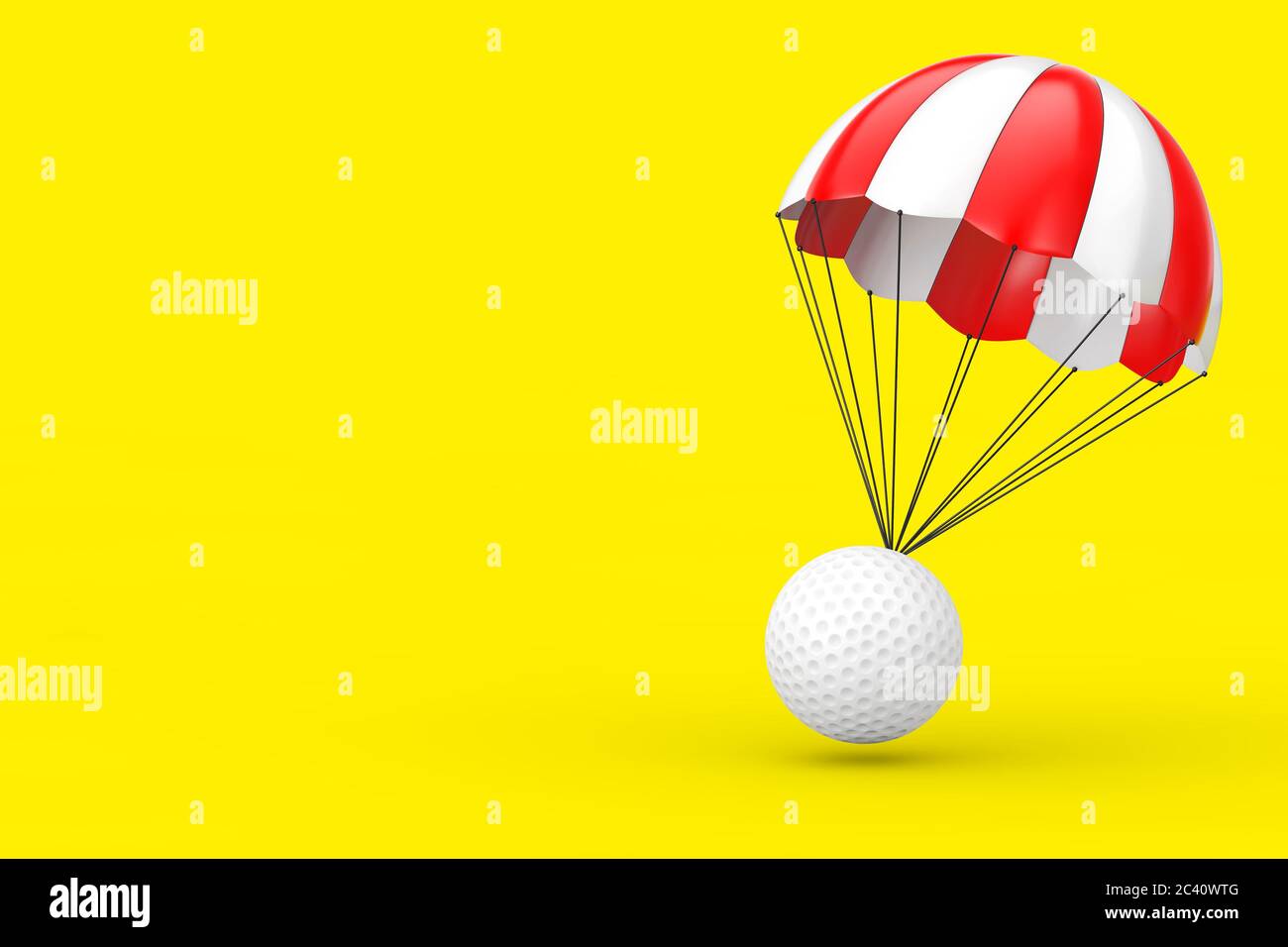 Red and White Parachute with White Golf Ball on a yellow background. 3d Rendering Stock Photo