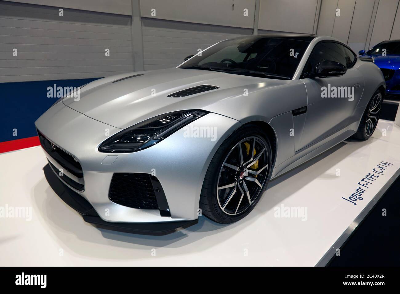Three-Quarter Front View of a Jaguar F-Type (C-X16),  part of the Ian Callum Tribute Feature, of the 2019 London Classic Car Show Stock Photo