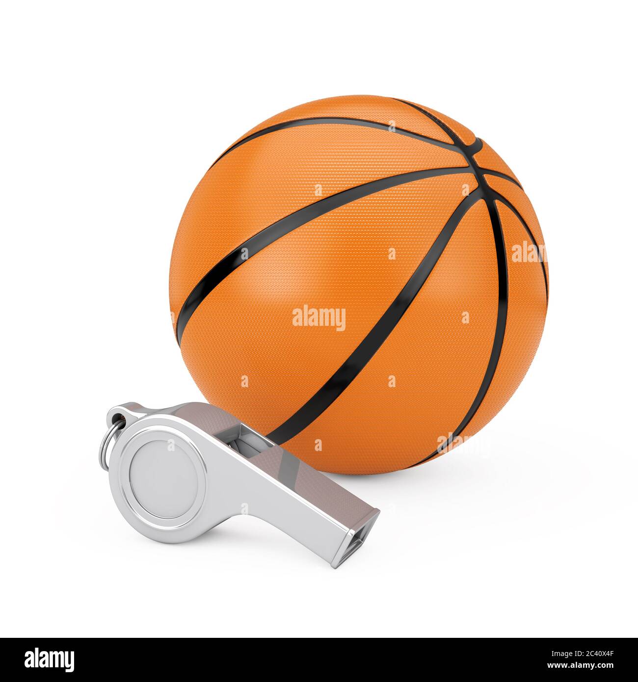 Basketball Ball with Classic Metal Coaches Whistle on a white background. 3d Rendering Stock