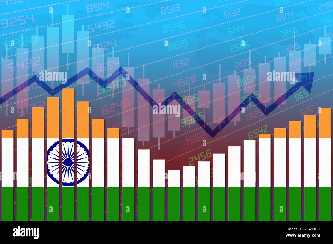 Flag of India on bar chart concept of economic recovery and business improving after crisis such as Covid-19 or other catastrophe as economy and busin Stock Photo