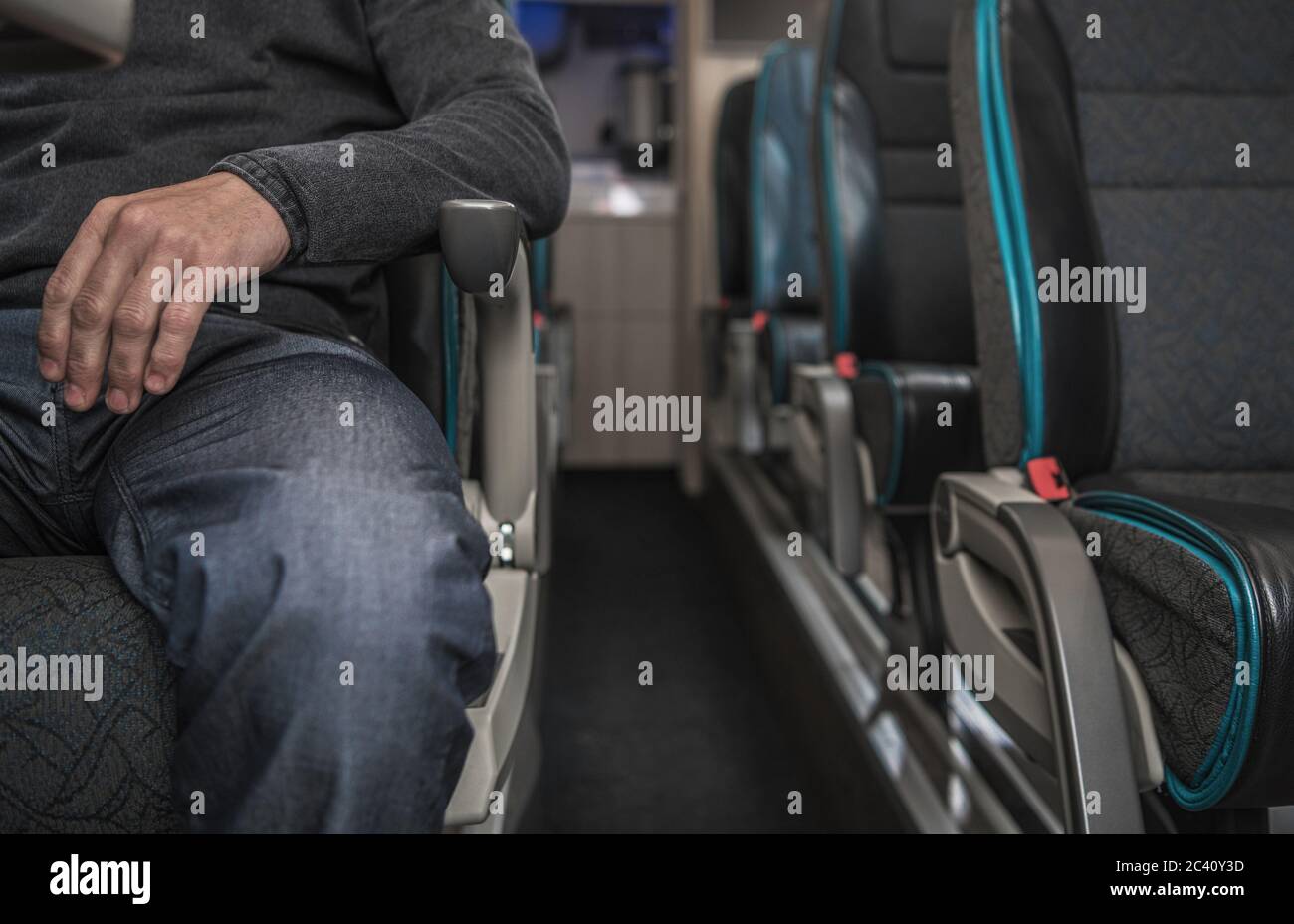 One Passenger Inside Modern Coach Bus During International Travel. Public Transportation Industry. Stock Photo